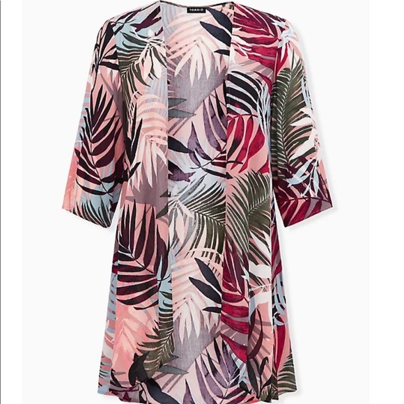 DUSTY CORAL & MULTI LEAF CRINKLE GAUZE KIMONO - Picture 4 of 4